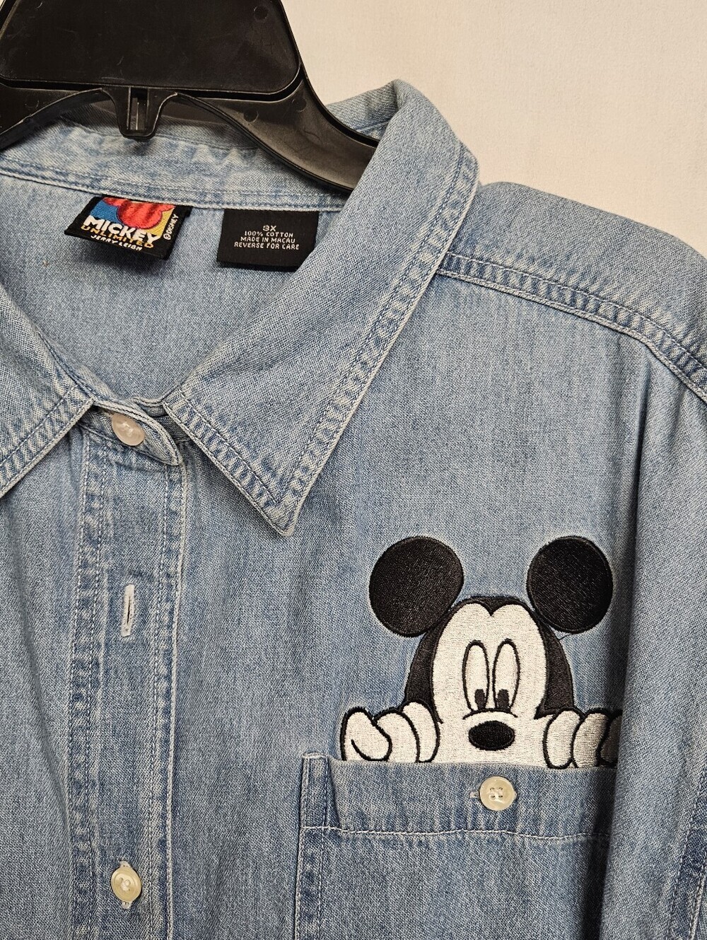 Disney Mickey Shirt 3X Denim Jean 90s Embroidered Pocket Button Up
